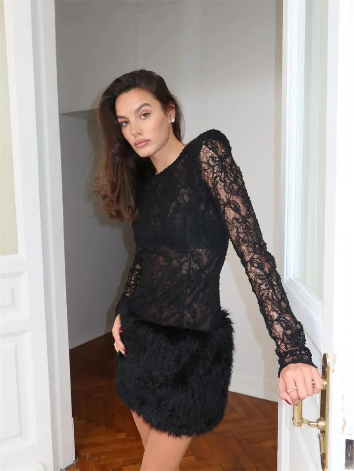 Mini lace dress with fur design - FRANCIS