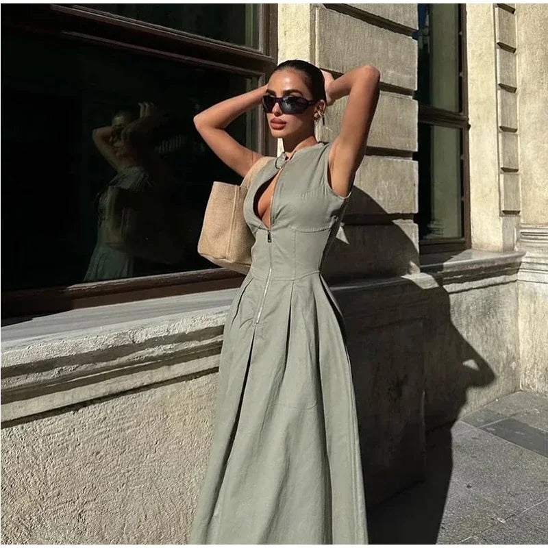 Tailored A-Line Maxi Dress with Front Zipper Closure - Adriana