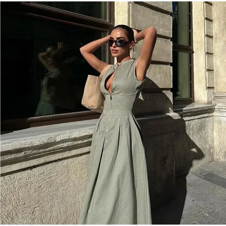 Tailored A-Line Maxi Dress with Front Zipper Closure - Adriana