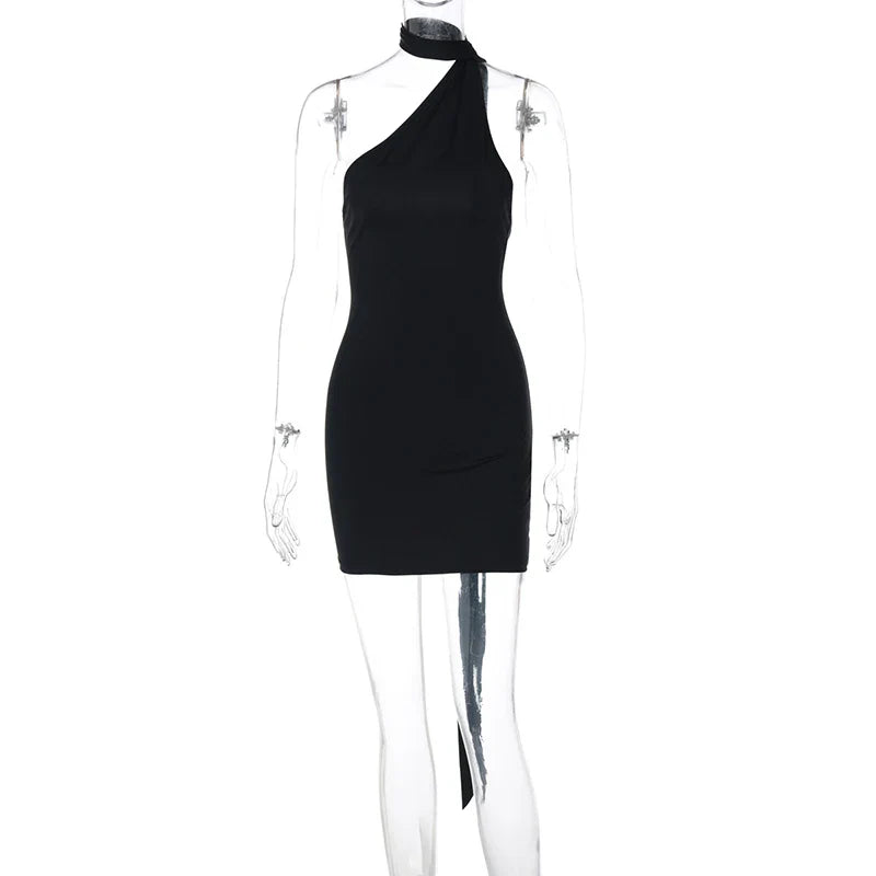 Mini Dress with Open Back, Asymmetric Collar, and Neck Tie Decoration - Rain