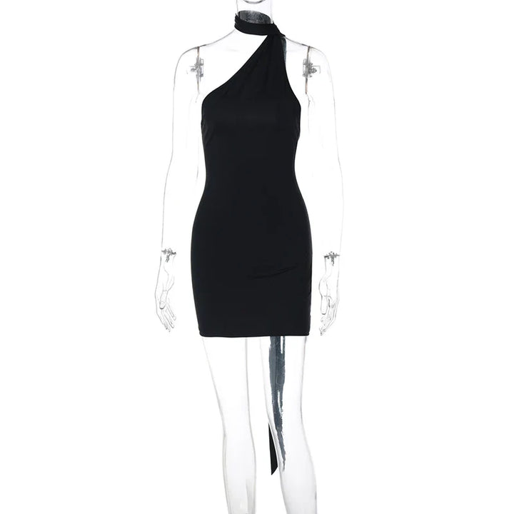 Mini Dress with Open Back, Asymmetric Collar, and Neck Tie Decoration - Rain