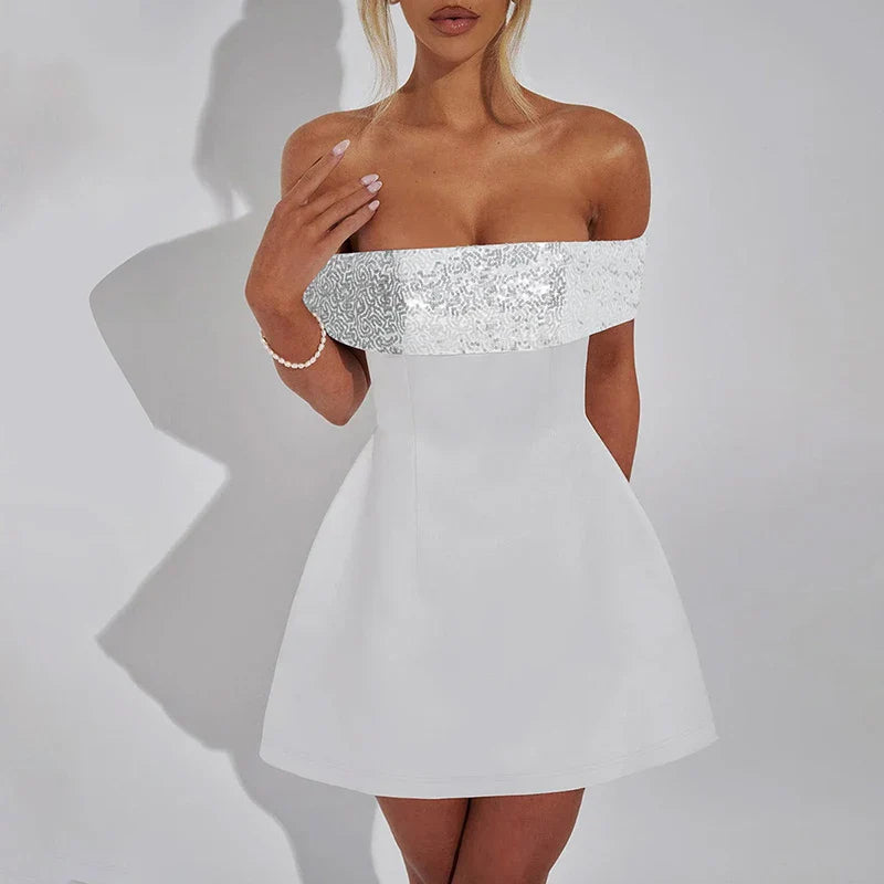 A-Line Mini Dress with Off-Shoulder Sequin Decoration - Lorian