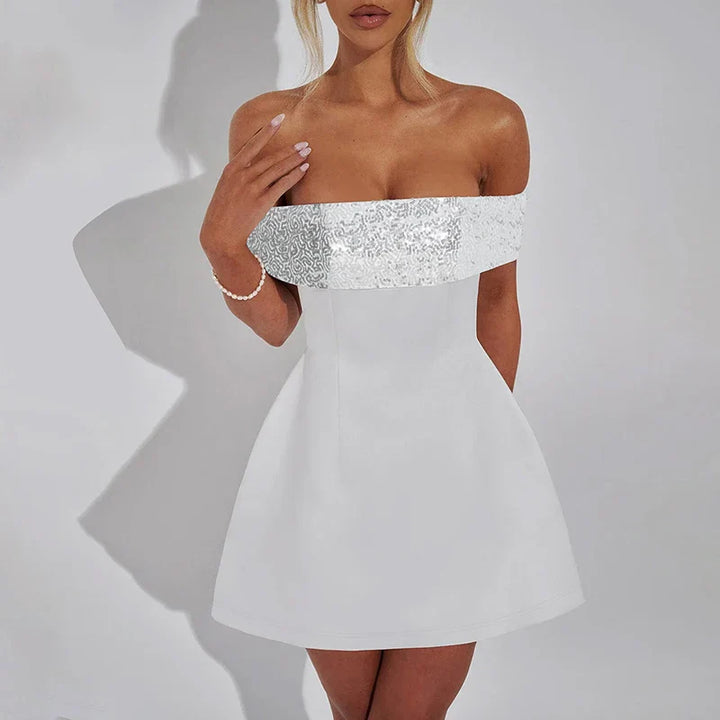 A-Line Mini Dress with Off-Shoulder Sequin Decoration - Lorian