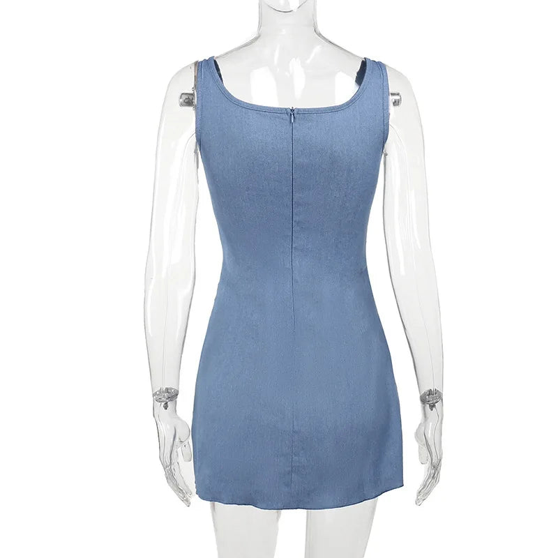 Denim mini dress with corset design and flower detail - Priel