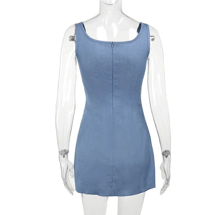 Denim mini dress with corset design and flower detail - Priel