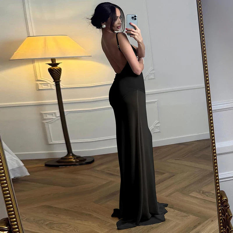 Maxi Satin Dress with Chiffon Detail and Open Back - Gracie