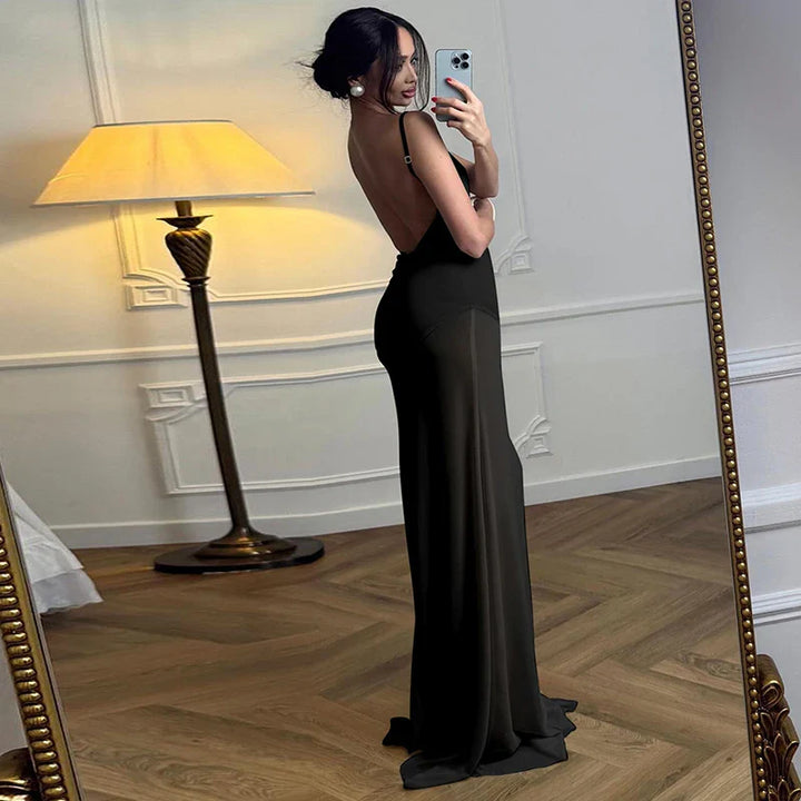 Maxi Satin Dress with Chiffon Detail and Open Back - Gracie