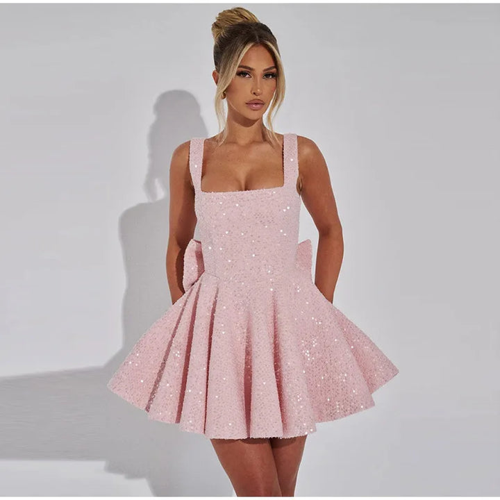A-Line Mini Sequin Dress with Bow Detail on Back - Alayna