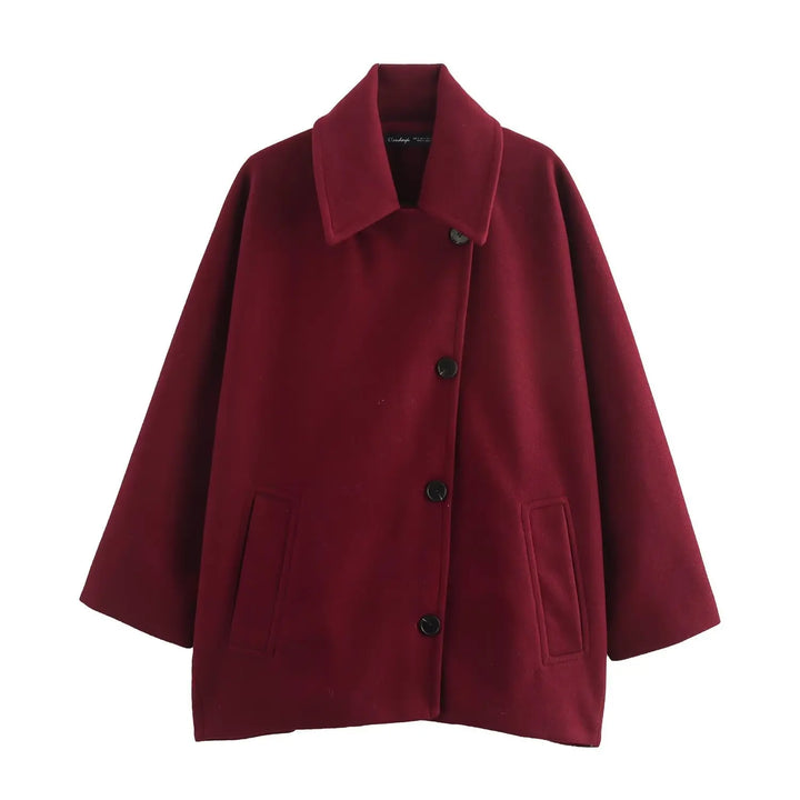 Oversized Wool Coat with Asymmetric Button Closure and Polo Collar - Hollandia