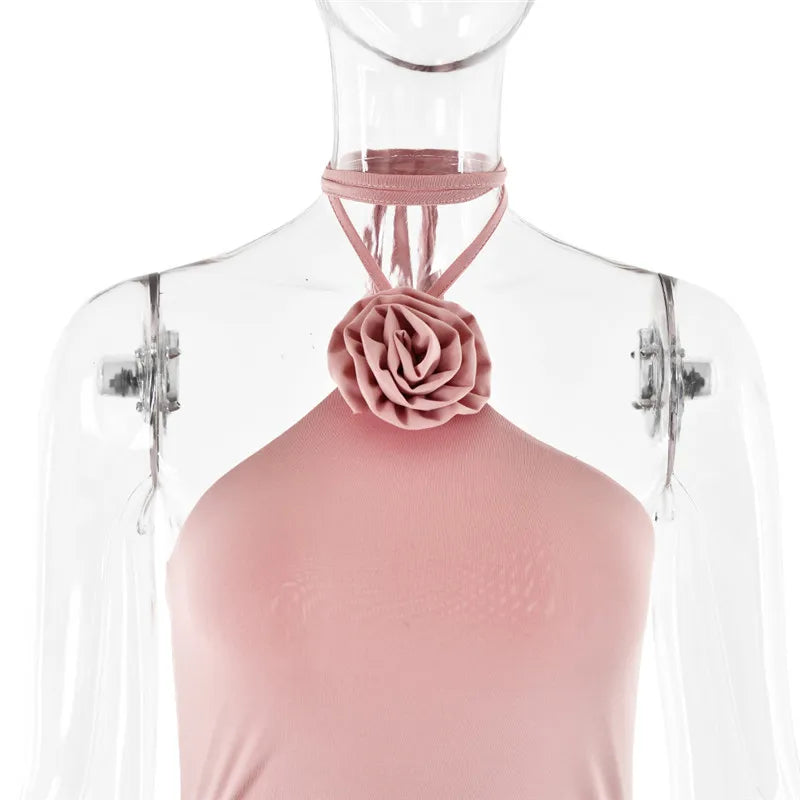 Ruched mini dress with neck tie and floral appliqué - Jasmina