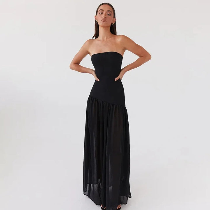 Maxi Strapless Chiffon Dress with Slit Detail - Pia