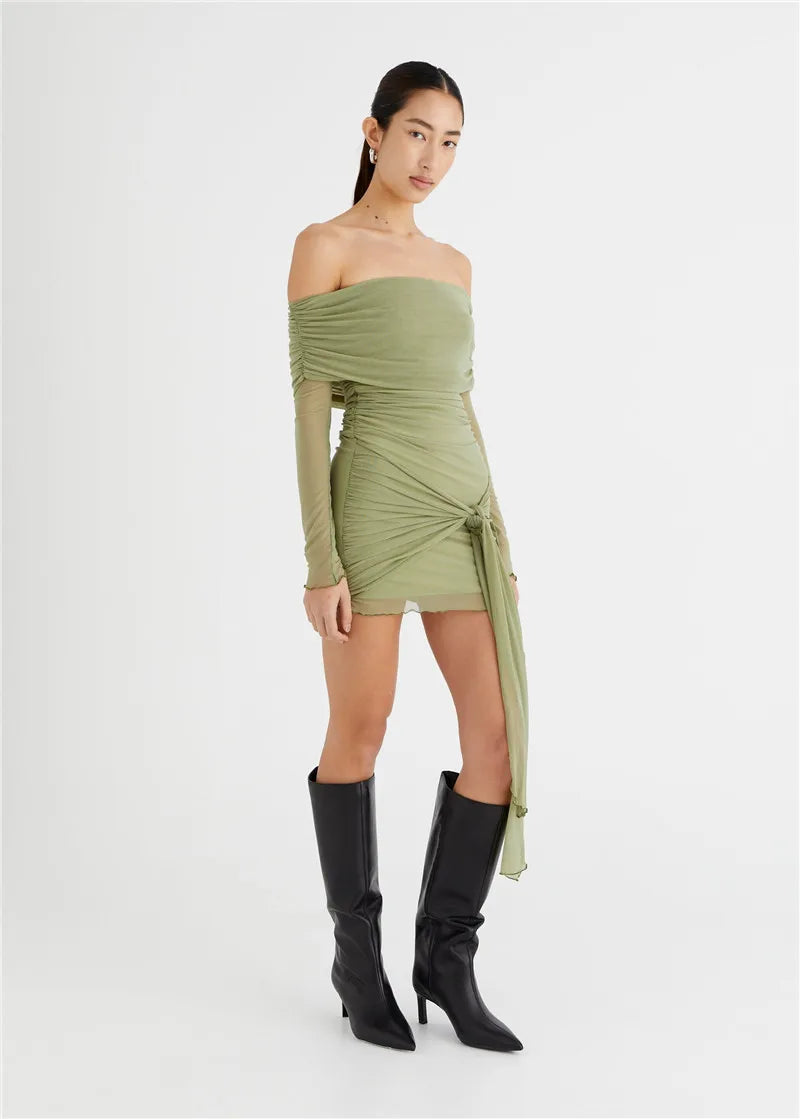 Chiffon mini dress with off-shoulder tie design - CAMI