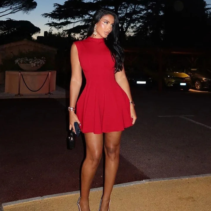 Ruffled Mini Dress with A-Line Cut and Half Turtleneck - Riley