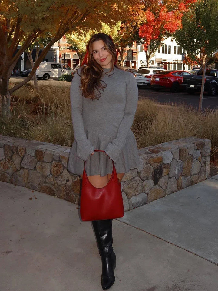 Knitted Ruffled Mini Dress with Asymmetric Turtleneck - Ohev