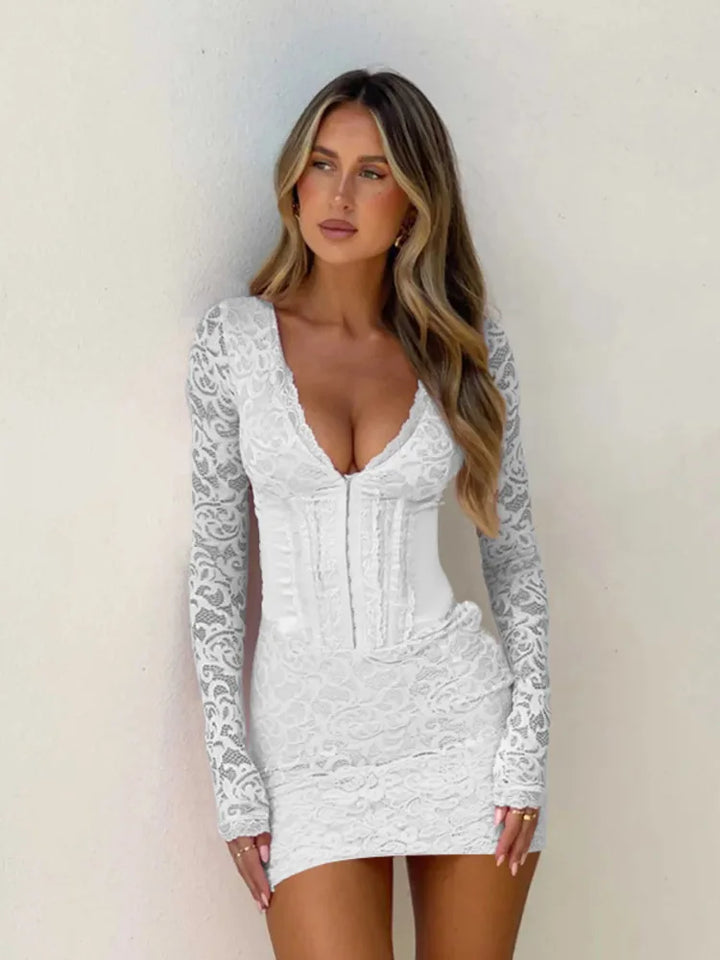 Fitted Lace Mini Dress with Satin Detail and Pin Closure - Olive