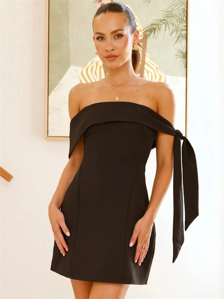 Mini A-line dress with bare shoulders decorated with tie - Sheli