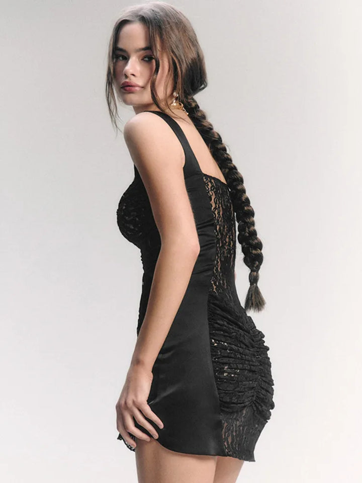 Satin Mini Dress with Lace Decoration and Ruched Design - Leona