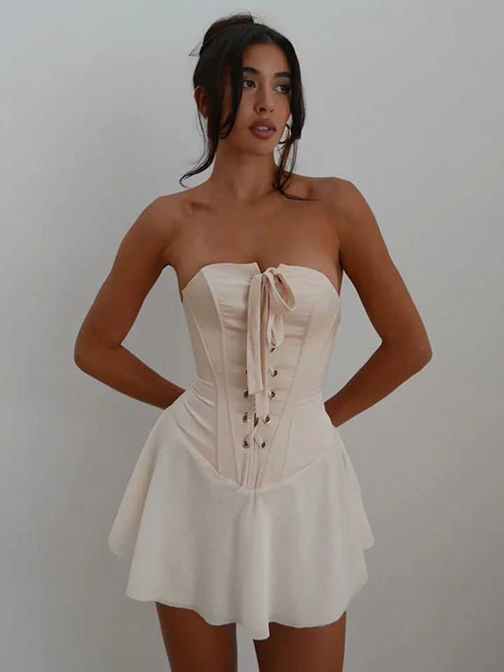 Strapless Satin Tie Mini Dress - Fern