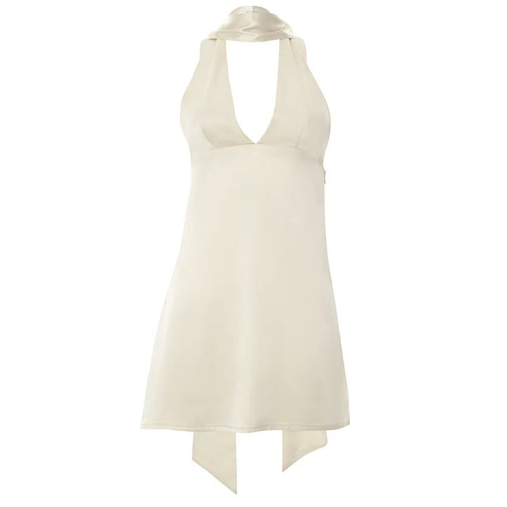 Satin mini dress with V neckline decorated with matching scarf - Karina