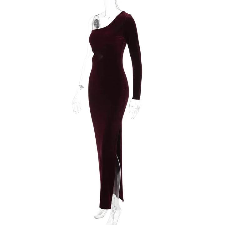 Velvet maxi dress with one sleeve and open back - Alina