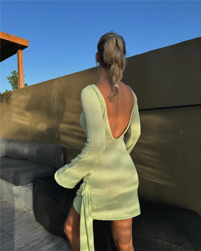 Knitted mini dress with flower and train design and open back - Malia