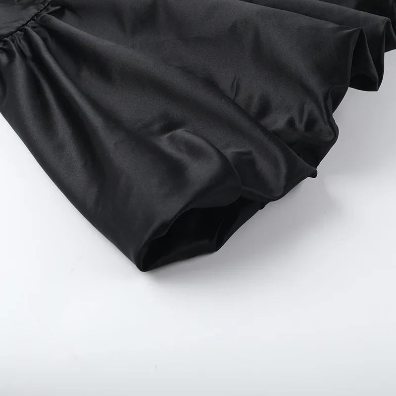 Balloon satin mini dress with mesh and half turtleneck design - Moran