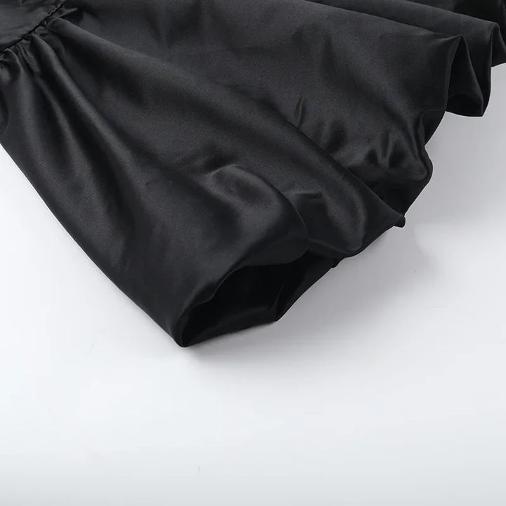 Balloon satin mini dress with mesh and half turtleneck design - Moran