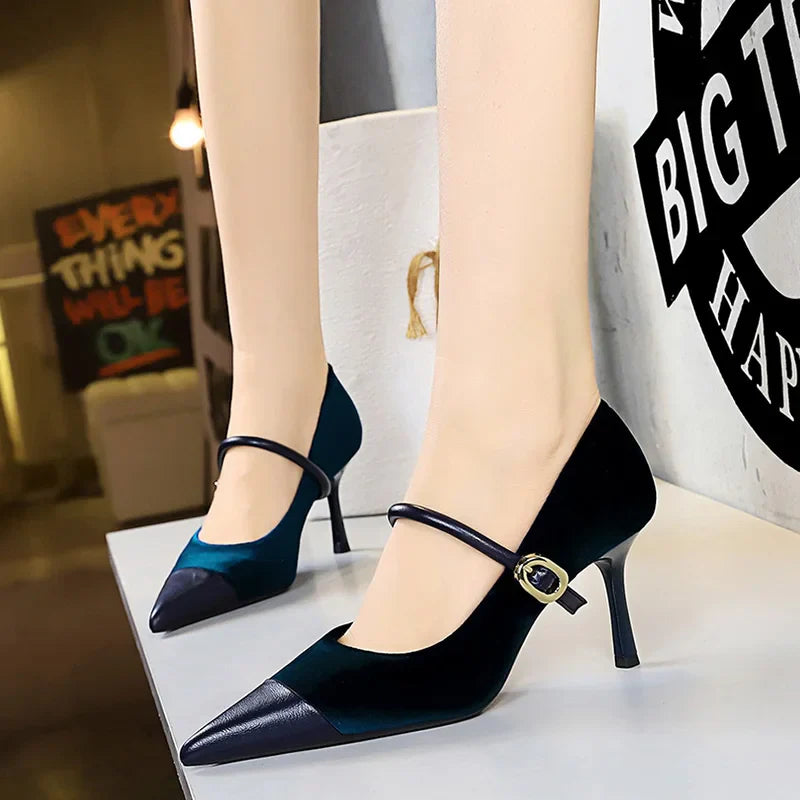 Pointed Heel Shoes with Velvet and Faux Leather Buckle Decoration - Mabel