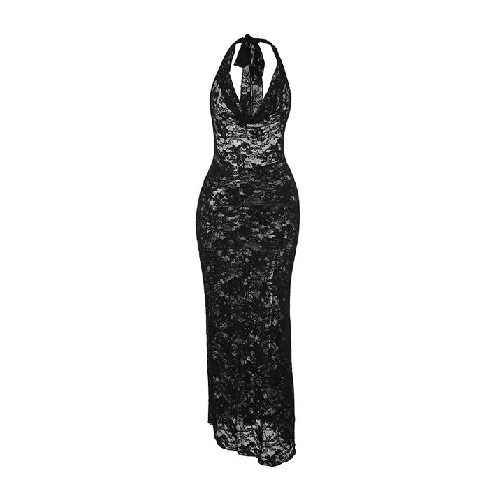 Lace Maxi Dress with Open Back and Draped Collar - Vanilia