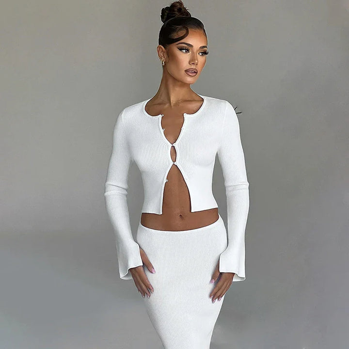 Knitted two-piece set: button-up shirt and fitted maxi skirt - MARIEL