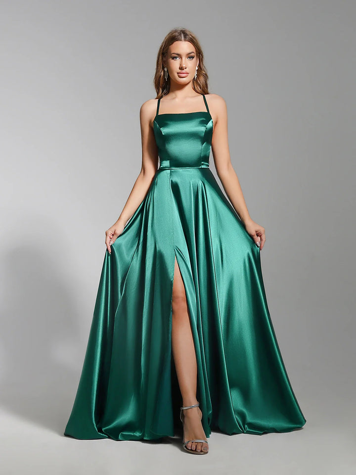 Elegant Maxi Satin Dress with Slit, A-Line Design, Back Tie - Prince
