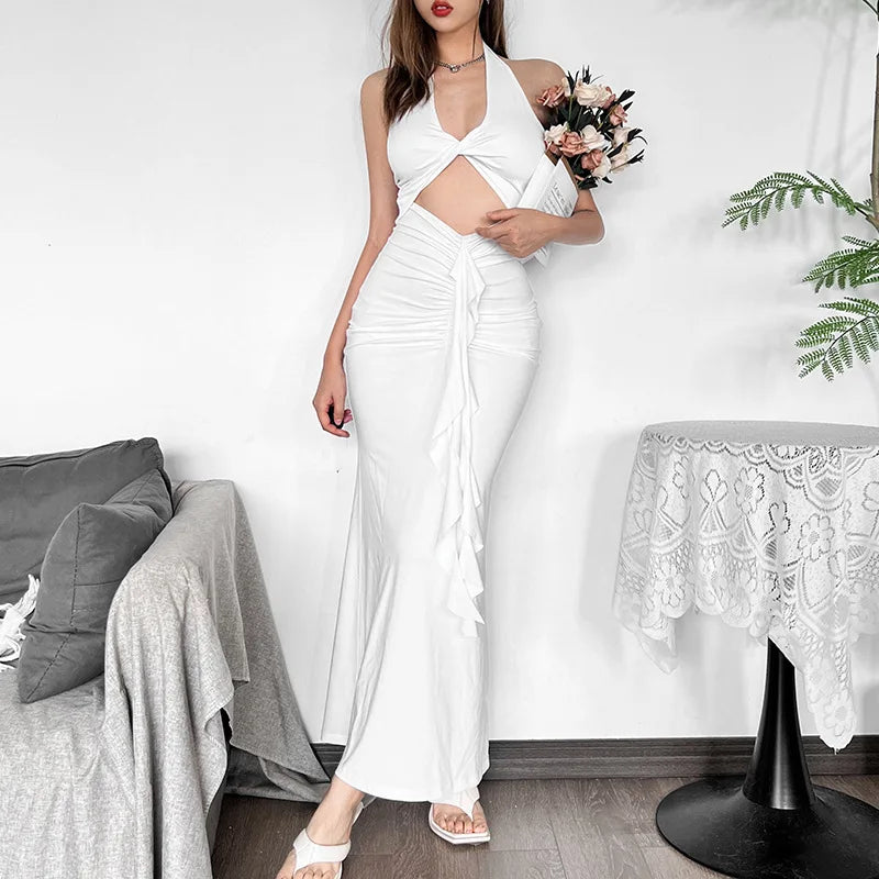 Fitted Maxi Dress with Ruffle Decoration and Slit Design - Jolene