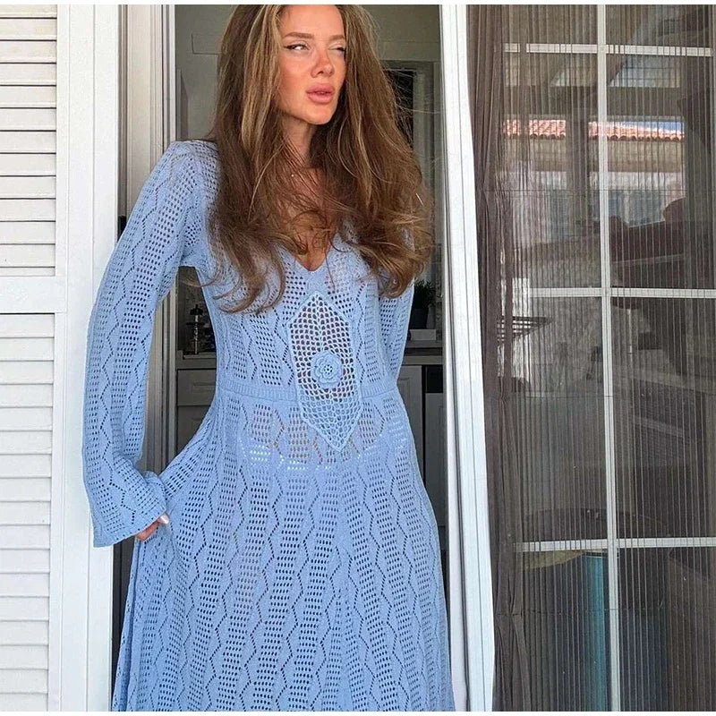 Knitted Maxi Beach Dress with Flower Decoration - Beatrice