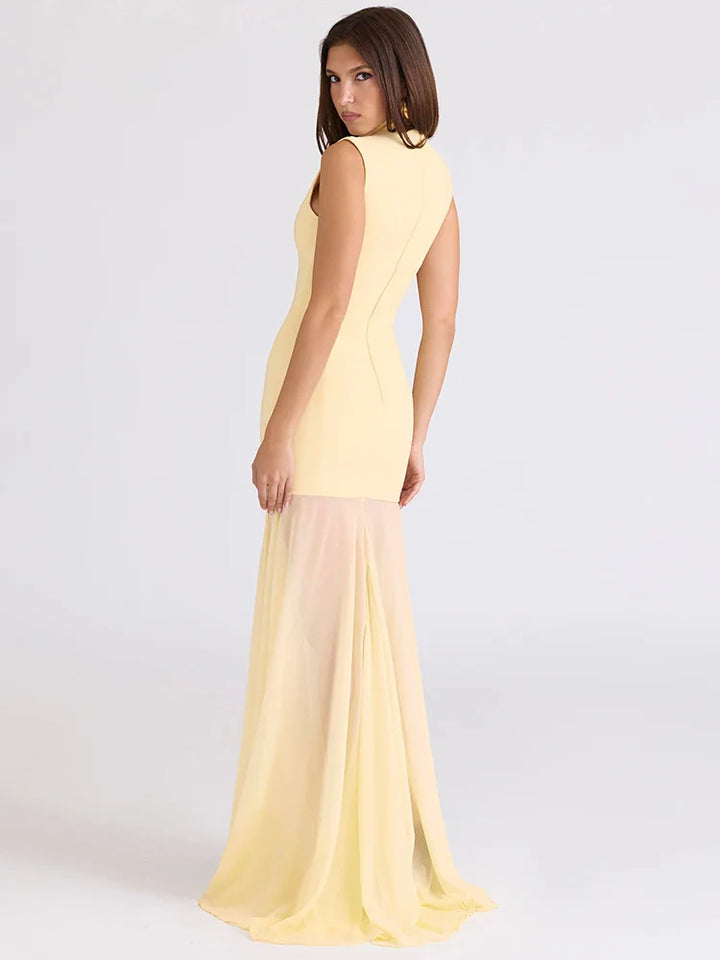 Maxi Dress with Collar and Chiffon Design - DARIA