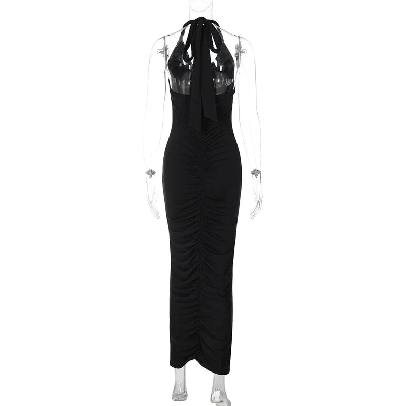 Maxi Dress with Ruching, Open Back, and Neck Tie - Lima