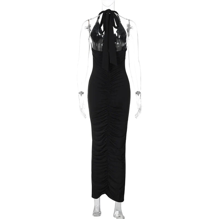Maxi Dress with Ruching, Open Back, and Neck Tie - Lima