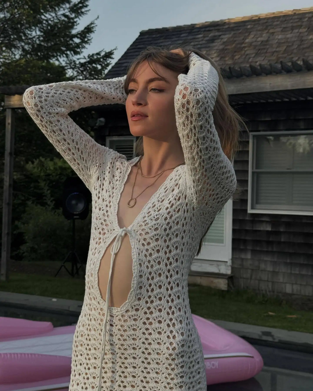 Crochet Maxi Dress with Tie Detail on Chest - Halo