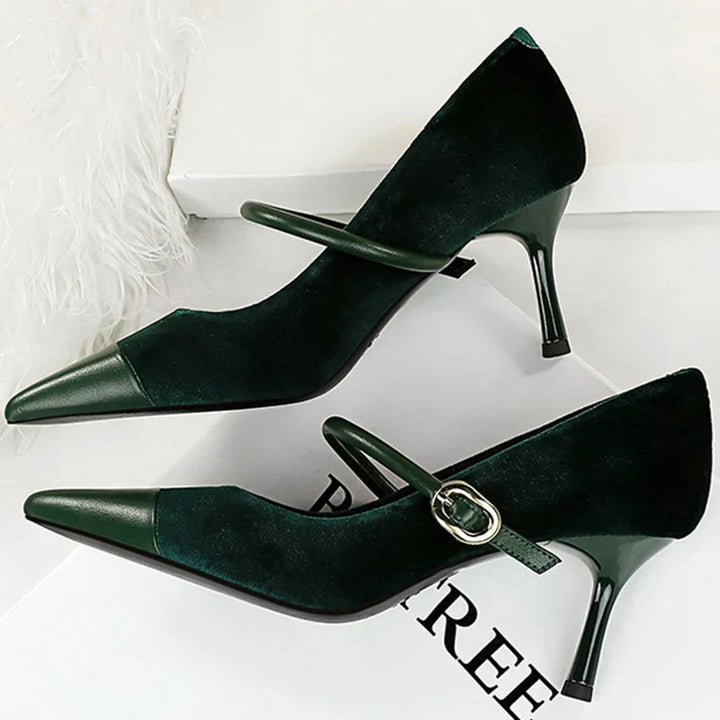 Pointed Heel Shoes with Velvet and Faux Leather Buckle Decoration - Mabel
