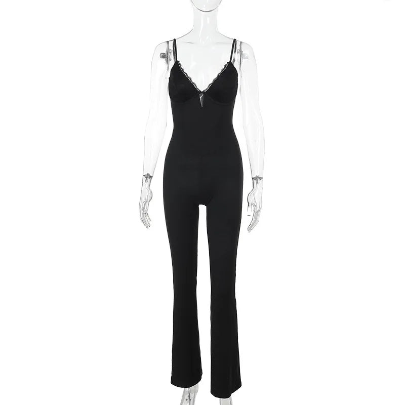 Long pedal-pusher pants jumpsuit with lace trim - Liz