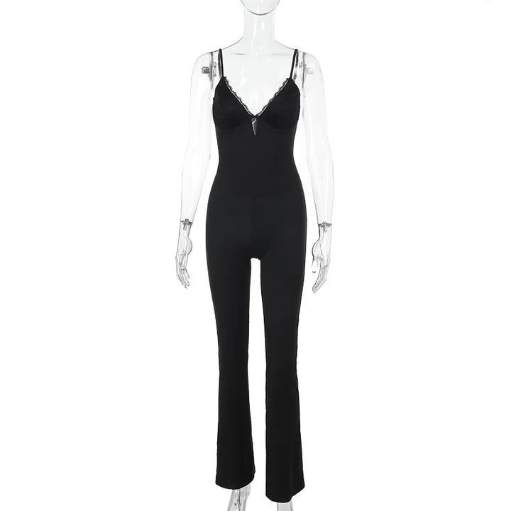 Long pedal-pusher pants jumpsuit with lace trim - Liz