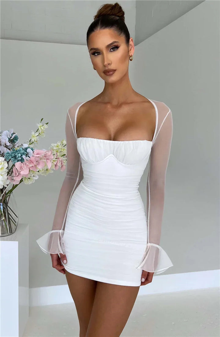 Ruched mini dress with open back and mesh sleeves - Ariana