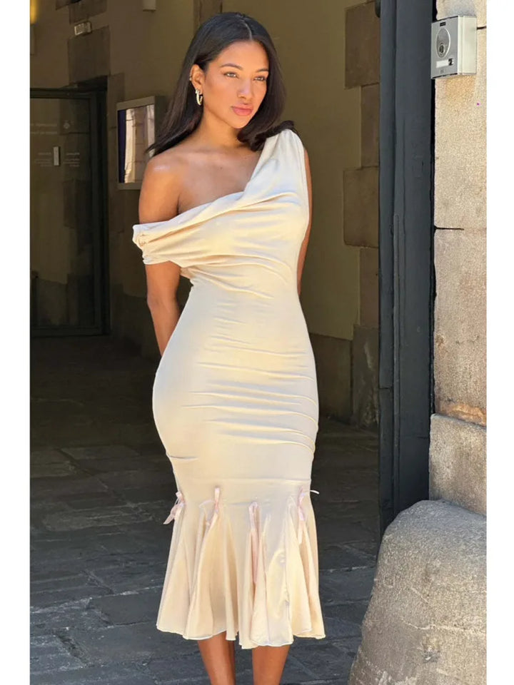 Mermaid Cut Midi Dress with Bow Decorations and Off-Shoulder Straps - Maren