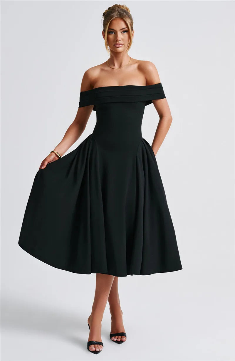 Off-Shoulder A-Line Midi Dress - Inbal