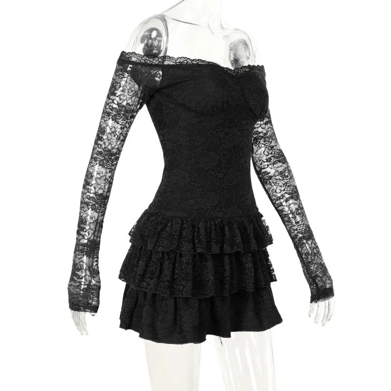 Lace Mini Dress with Ruffle and Off-Shoulder - Shay