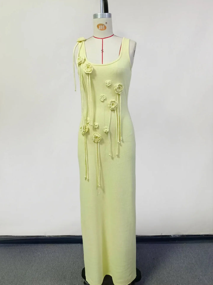 Knitted Beach Maxi Dress with Flower Appliqué Detail - Holly