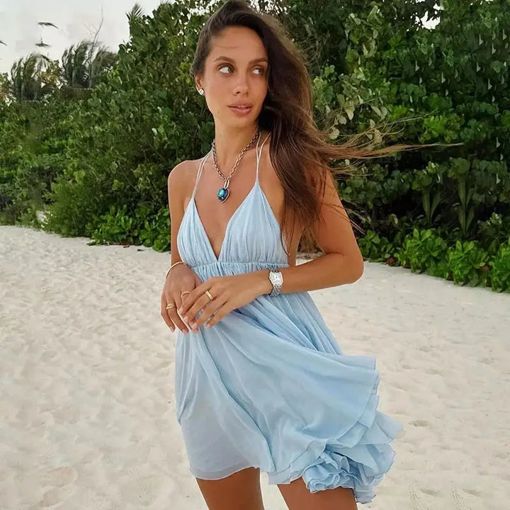 Ruffled Chiffon Mini Dress with Back Ties - Tulum