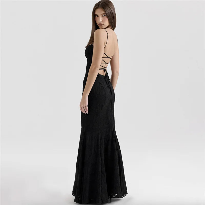 Maxi Chiffon Dress with Leaf Embroidery, Back Tie for Waist Fit - Mona Liz