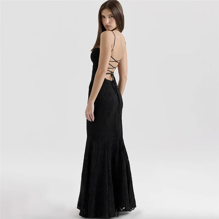 Maxi Chiffon Dress with Leaf Embroidery, Back Tie for Waist Fit - Mona Liz