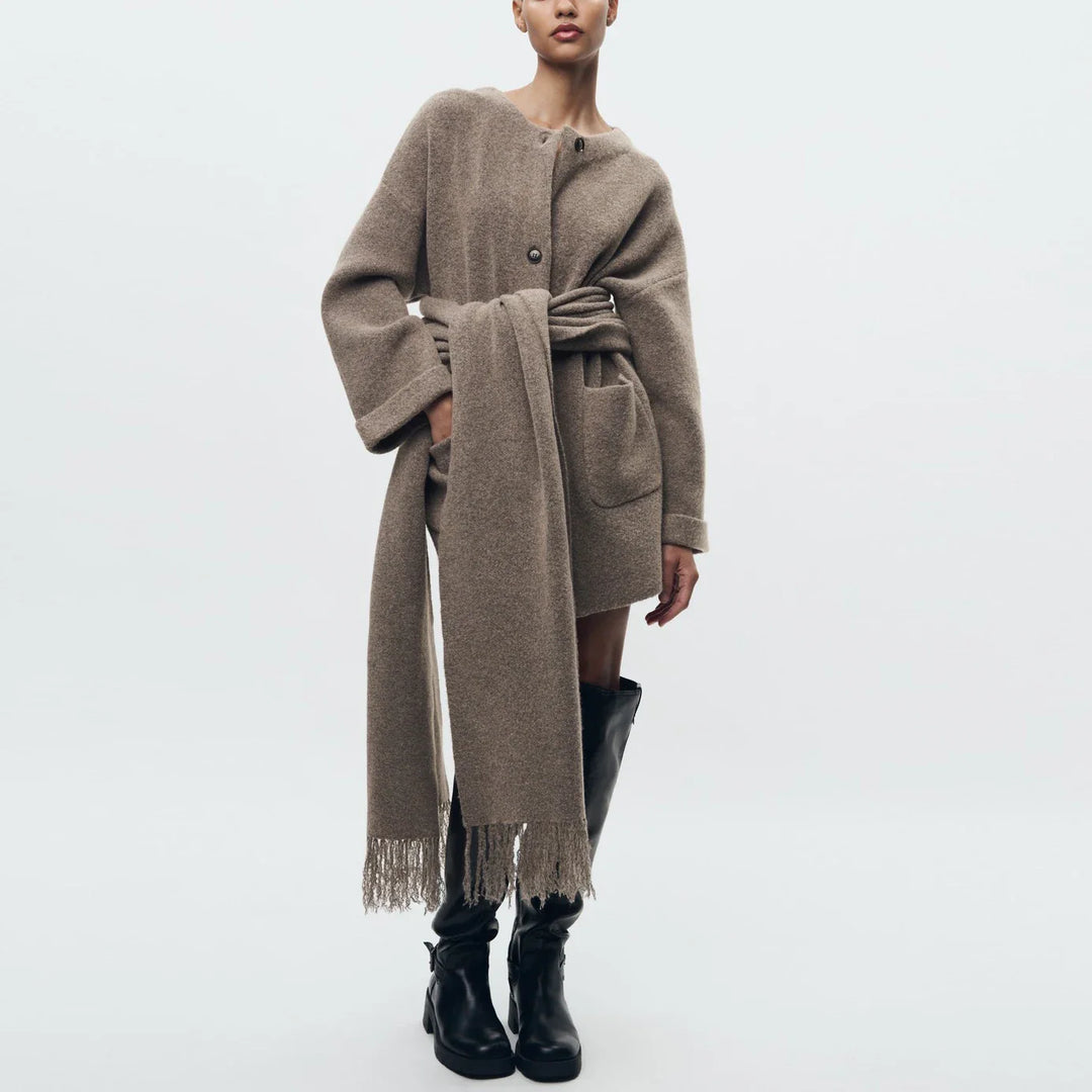 Wool Coat with Scarf Design, Button and Pocket Details - Lorenzo