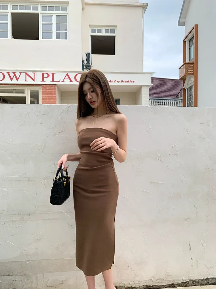 Elegant Strapless Midi Dress with Slit Decoration - Coral